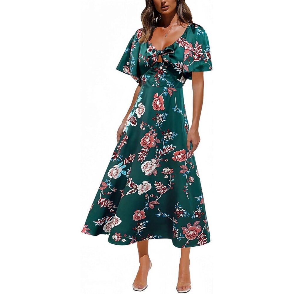 Womens Floral Maxi Dress Satin Cap Sleeve Deep V Neck High Waist